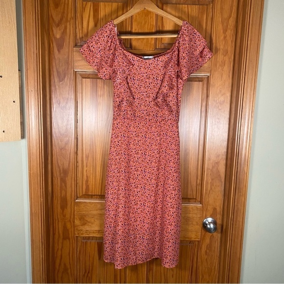 Beautiful Bohemian Midi Length Monteau Los Angeles Coral Color Floral Dress - Picture 1 of 6
